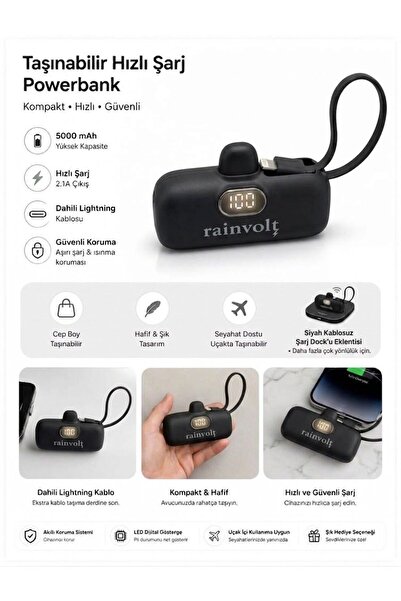 Nettec Rainvolt Mini Kapsül Powerbank – LED Dijital Göstergeli & Dahili Kablolu Taşınabilir Şarj Cihazı