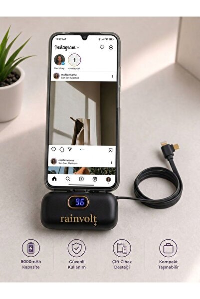 Nettec Rainvolt Mini Kapsül Powerbank – LED Dijital Göstergeli & Dahili Kablolu Taşınabilir Şarj Cihazı