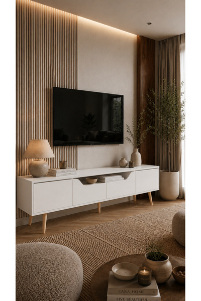 VM VERTEX MOBİLYA Roma Ahşap Ayaklı Tv Ünitesi Tv Sehpası Beyaz