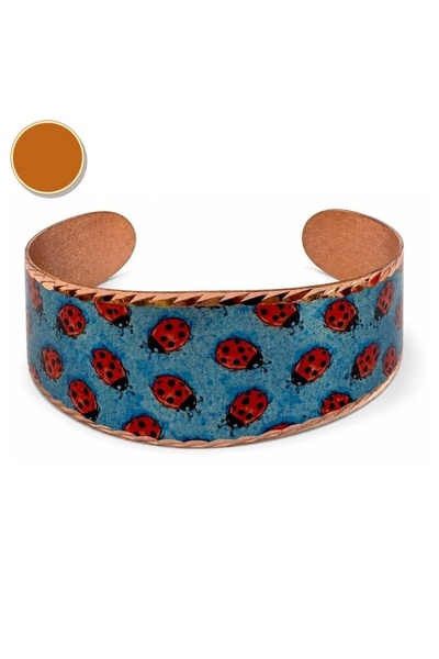 Erol Bakır Blue Cream Kilim Wide Form Thick Copper Bracelet, Hand Embroidered...
