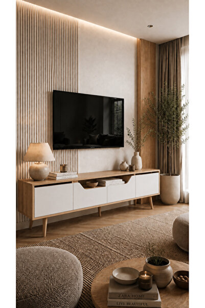 VM VERTEX MOBİLYA Roma Ahşap Ayaklı Tv Ünitesi Tv Sehpası Safir Meşe - Beyaz