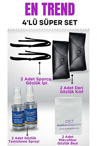 JULIANO Süper 4lü Set- Gözlük İpi, Gözlük Kılıfı, Temizleme Sprey, Microfiber Bez