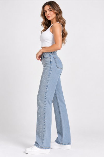 BANEGA Curve Kadın Büyük Beden Taş Detaylı Yüksek Bel Bol Paça Açık Mavi Jeans Kot Pantolon