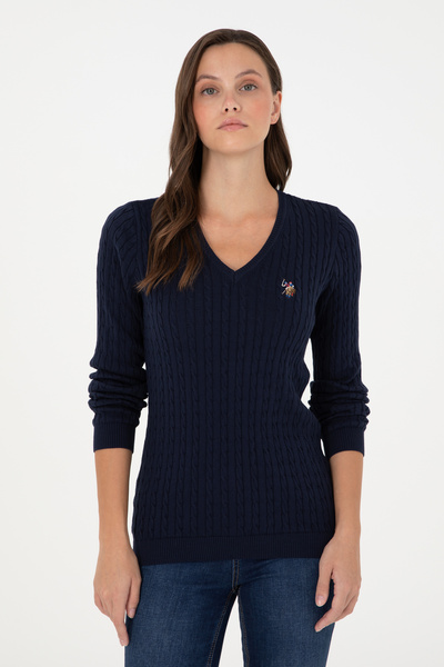 U.S. Polo Assn. سترة أساسية نسائية باللون الأزرق الداكن ورقبة على شكل حرف V 50288992-VR033