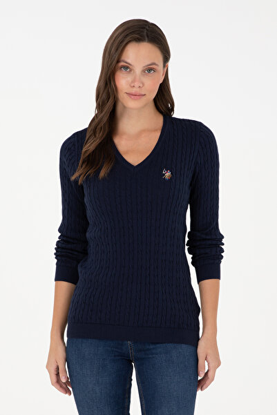 U.S. Polo Assn. سترة أساسية نسائية باللون الأزرق الداكن ورقبة على شكل حرف V 5...
