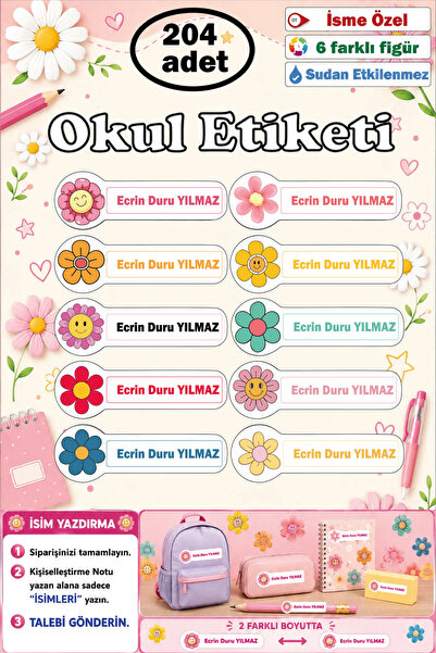 GSticker İsme Özel Okul Etiketi İsim Etiketi Kalem Defter Etiketi Sticker Pap...