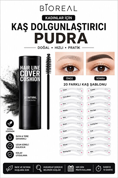 BİOREAL Kaş Dolgunlaştırıcı Pudra Siyah – Kaş Şekillendirici Stamp Seti, 20 Kaş Şablonlu, Suya ve Tere Dayanıklı