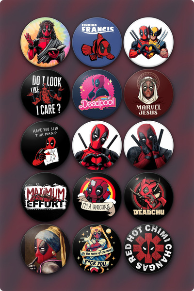 15'li Deadpool Rozet Seti 58 mm | 15 Farklı Tasarım | Çanta ve Ceket Aksesuarı