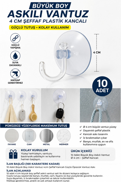 Dünya Magnet 10 Large Size Hanging Suction Cups, 4cm Transparent Plastic Hook...