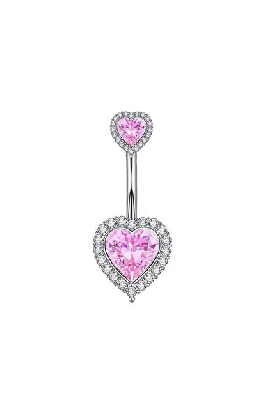Siya Silver Zirkon Taşlı Çelik Pembe Çift Kalpli Göbek Piercingi - 3,5 cm