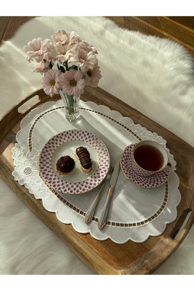 QBR Home 49X35Cm Embroidered Cut-Out Hole Tray Cover. Oval Flower Model