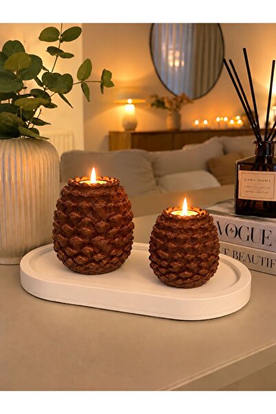 BUBUHOMEDECOR Premium Kozalak Desenli 2’li Mumluk Seti – Dekoratif Tealight M...