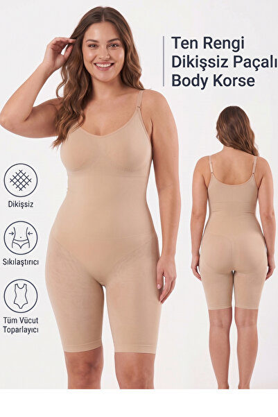 Womenmade Kadın Ten Rengi Dikişsiz Paçalı Body Korse – Askılı Sıkılaştırıcı V...