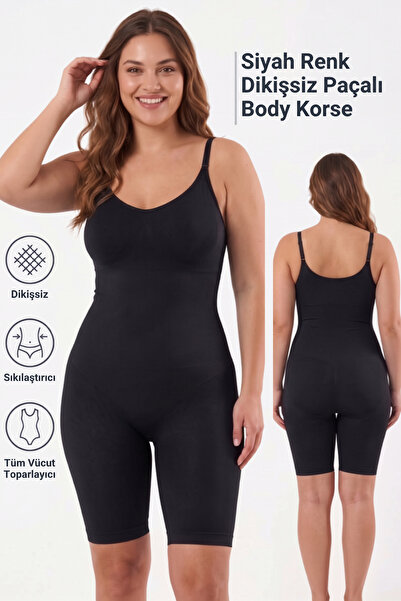 Womenmade Kadın Siyah Renk Dikişsiz Paçalı Body Korse – Askılı Sıkılaştırıcı ...