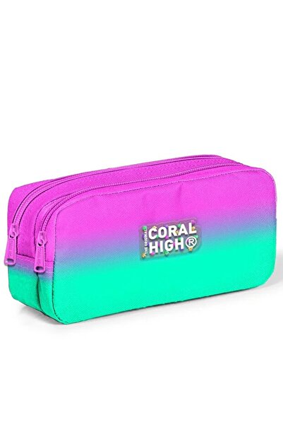 Coral High Pembe Su Yeşili Renk Geçişli Iki Bölmeli Kalem Çantası 12074