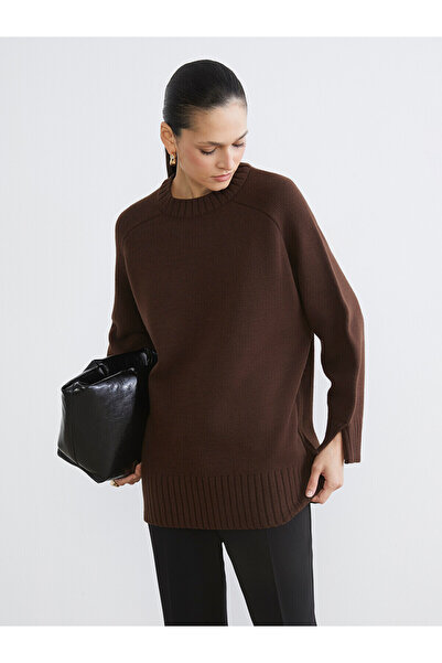 LC Waikiki Lcw Modest Brown Knitwear Plain Oversize Women's Tunic with Nevavm...