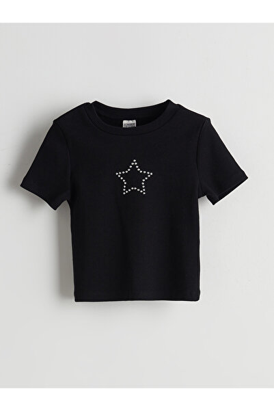 LC Waikiki Alita City Lcw Kids Black Oval Collar Stone Embellished Girls' T-S...