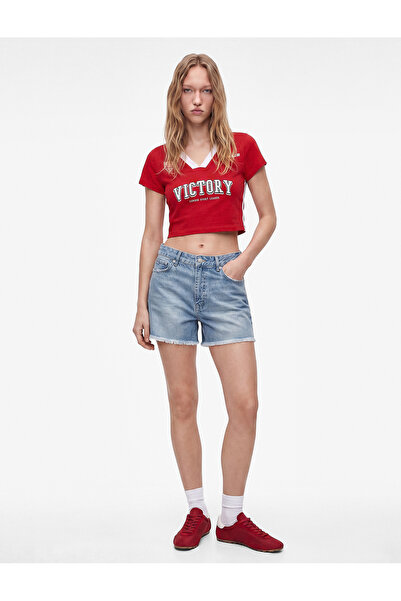Koton Tricou crop cu mânecă scurtă cu decolteu în V cu dungi