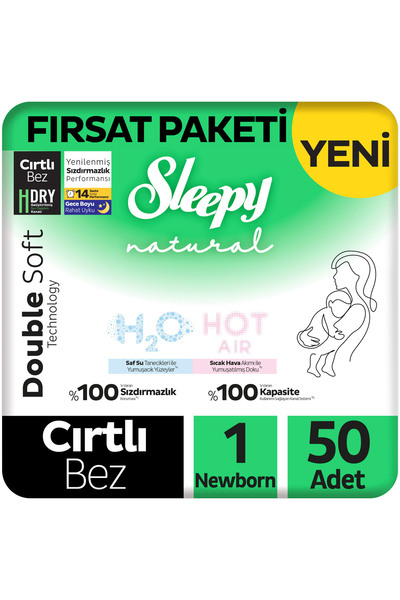 Sleepy Natural Double Soft Ultra Paket Bebek Bezi 1 Numara Newborn 50 Adet