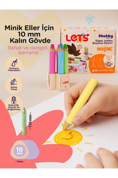 Lets مجموعة أقلام تلوين باستيل سوبر جامبو من ليتس تشابي 3 في 1 |   6 ألوان