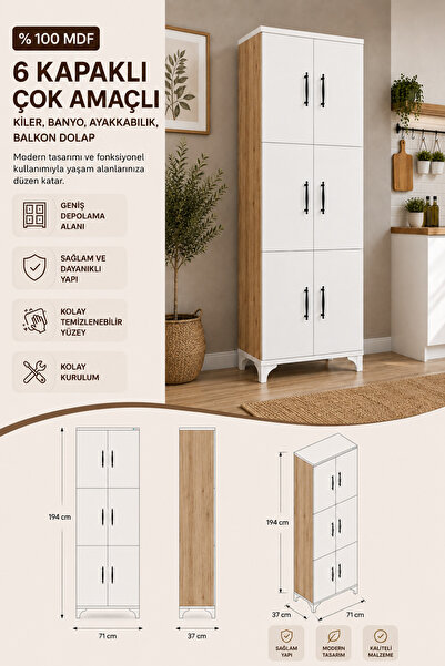 Buzkan Mobilya % 100 Mdf 6 Kapaklı Çok Amaçlı Kiler, Banyo, Ayakkabılık, Balk...