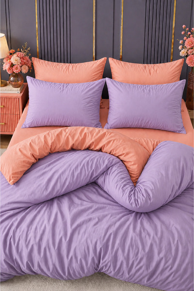 MORE HOME Double Duvet Cover Set with Elastic Sheet Salmon Lilac
