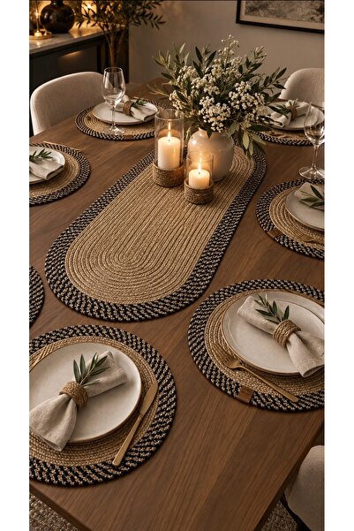 evdeucuz Naturel Jüt Maste Life Collection 6 adet Supla+Runner Set 35 cm -Amerikan Servis Hasır