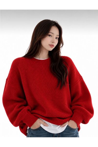 Kırlangıç Moda Red Oversized Crew Neck Women's Knitwear Sweater