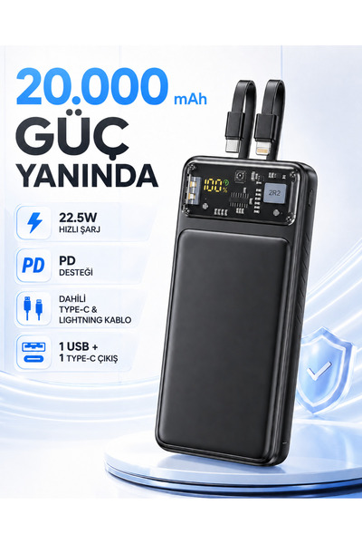 MATECHNO 20.000 Mah Çoklu Kablolu Dijital Gösterge Powerbank Şarj Aleti 1x Us...