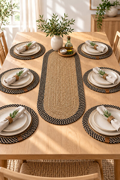 evdeucuz Naturel Jüt Maste Life Collection 6 adet Supla+Runner Set 35 cm -Amerikan Servis Hasır