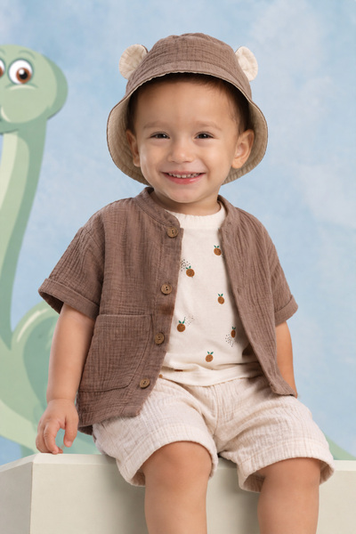 Rocha Baby Muslin 4-Piece Baby Summer Shorts Set with Buttoned Ear Hat
