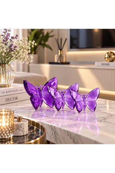 LUCES DESİGN 3 lü Kristal Lüks Kelebek Obje Seti Dekoratif Kelebek Biblo Akrilik