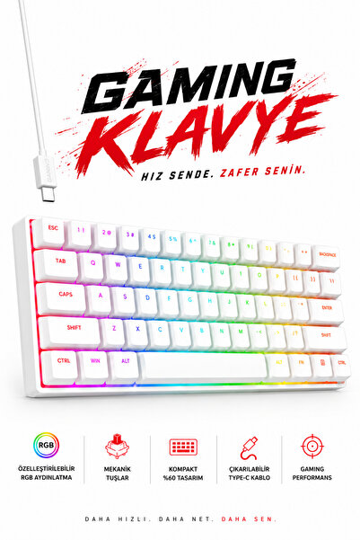Arfseb RGB LED Aydınlatmalı Mekanik Gaming Klavye Beyaz Taşınabilir Kompakt T...