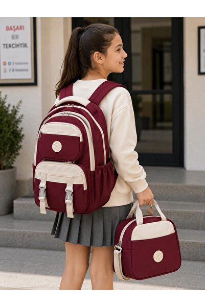 RoseBuy Bags Bordo Krem 2’li Okul Çantası Seti – Sırt Çantası ve Beslenme Çan...