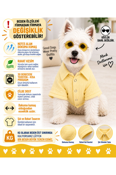 DOGİ&DOG ملابس للكلاب من نوع الموسلين الأصفر للسلالات الصغيرة، قميص للكلاب، م...