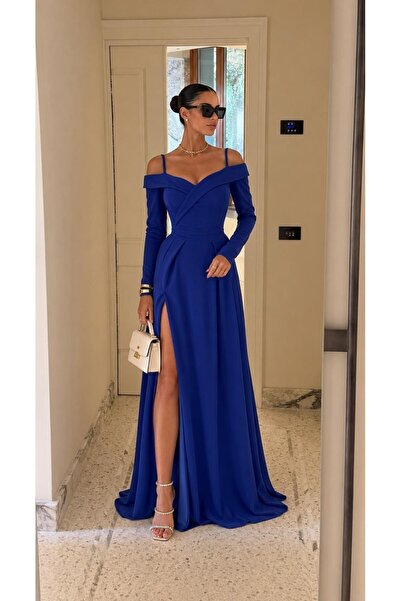 Modafeminen Long Sleeve Madonna Collar Slit Dark Cobalt Blue Evening Dress 58...
