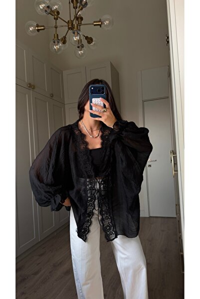 Bade Butik Siyah Dantelli Tül Gömlek