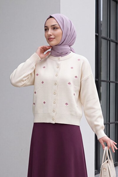 Modamorfo Embroidered Buttoned Oversized Knitwear Cardigan - Cream