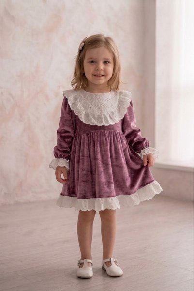 penu baby kids Dusty Rose Velvet Collar Skirt and Lace on the Cuff Girls' Baby Dress-Li̇a