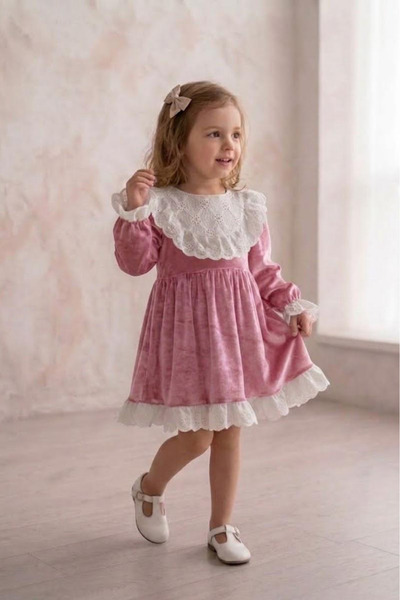 penu baby kids Rochie pentru fetiță din catifea roz, cu guler și dantelă la c...