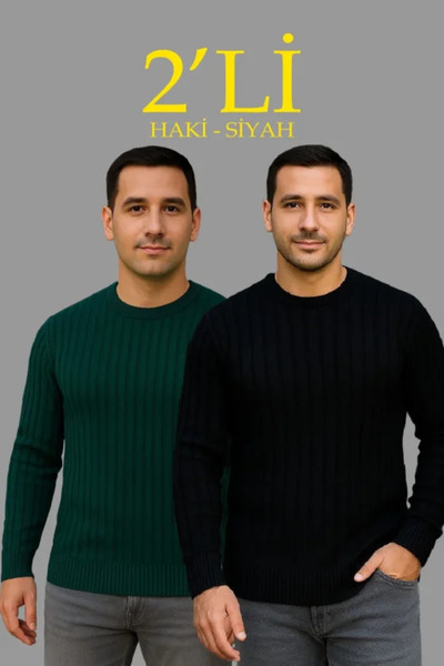 Simala Men's crew neck ribbed knit sweater 2-piece set - black & khaki - thic...