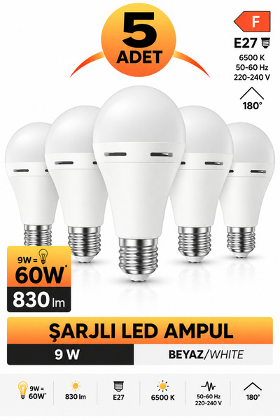 ga gözde aydınlatma 5 Adet Şarjlı LED Ampul 9W | 60W Eşdeğer Güç | 830 Lümen ...