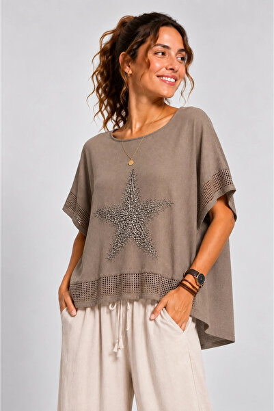 MetuCA Women's Brown Linen Sequin Star Detailed Bohemian Loose Mercerized Blouse