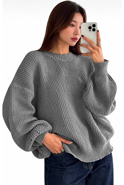 Kırlangıç Moda Gray Oversized Crew Neck Women's Knitwear Sweater