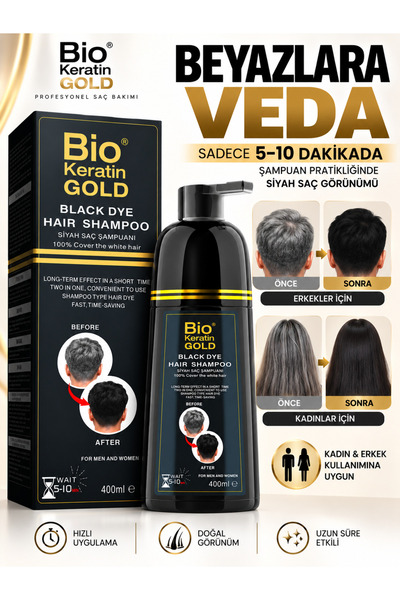 Bio Keratin Gold Saç Siyahlaştırıcı Beyaz Kapatıcı Hızlı Etkili Siyah Boya Şa...