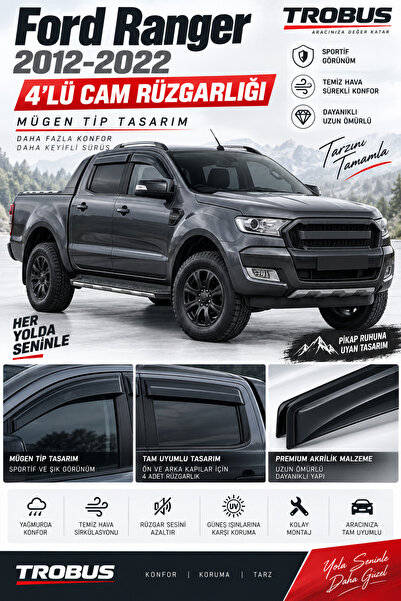 TROBUS Ford Ranger T6 Pickup (2012-2022) Mügen Tip Cam Rüzgarlığı 4'lü
