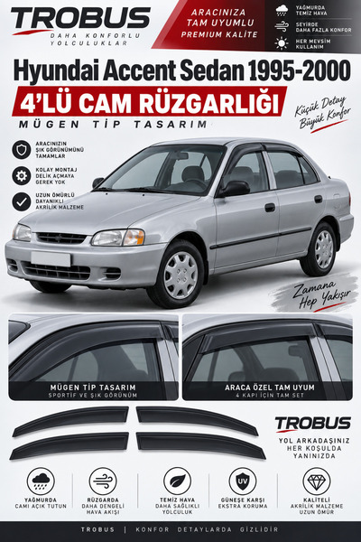 TROBUS Premium Hyundai Accent 1.3 LX / 1.5 GLS (1995-2000) Mügen Tip Cam Rüzg...