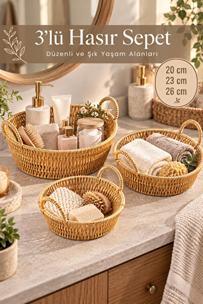 Porsima 304-B Round 3-Piece Wicker Set - Home and Bathroom Organizer Basket w...