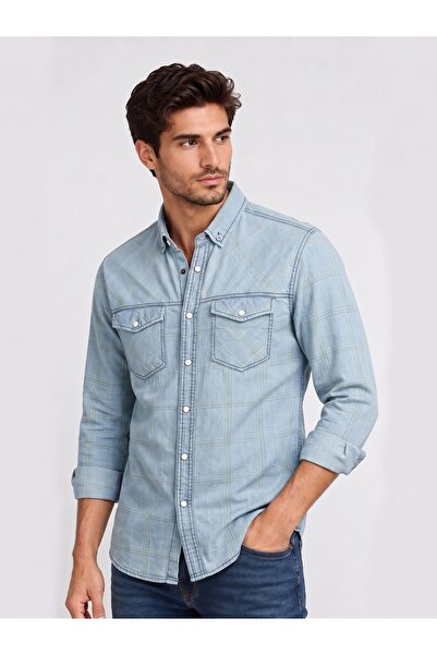FSR FUSARO Erkek Denim Ekose Pamuklu Çıtçıt Düğmeli Slim Fit Uzun Kollu Gömlek