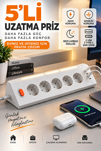 asua 5'Lİ Gece Lambalı Priz Akım Gerilim Korumalı Çoklu Priz 2XUSB 2XType-C Ç...
